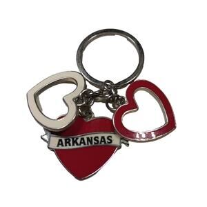 Arkansas Red White Hearts Silver Tone Keychain